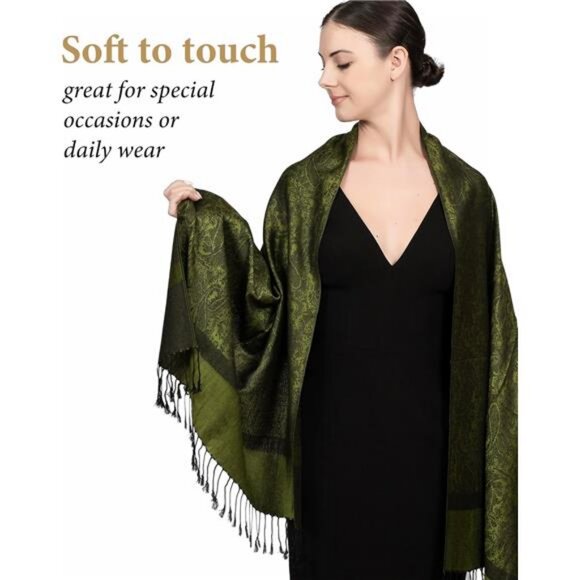 Two-Tone  Paisley Pashmina Scarf – Lightweight Olive Green - Picture 2 of 6